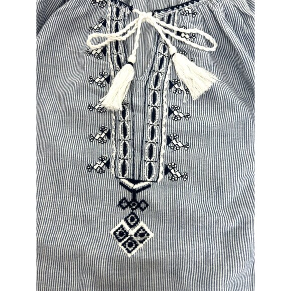 Westport Blouse 1X Blue White Peasant Boho Long Sleeve Embroidery Geometric - Picture 13 of 13